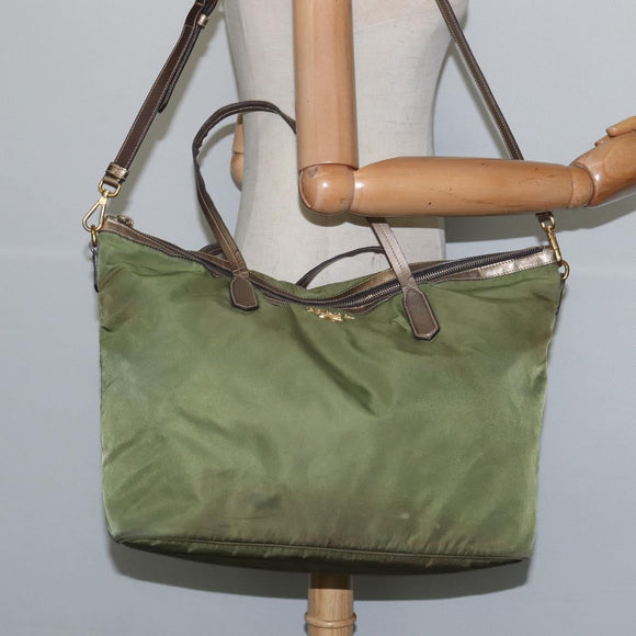 PRADA Tote Bag Nylon Khaki Gold Auth bs30152