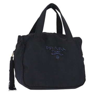 PRADA Beads Fringe Hand Bag Nylon Navy Gold Auth bs30157