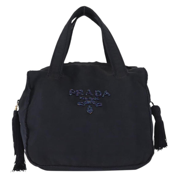 PRADA Beads Fringe Hand Bag Nylon Navy Gold Auth bs30157