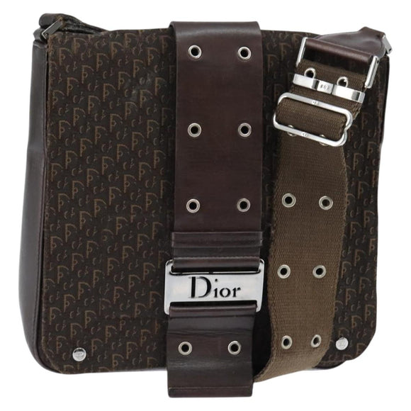 Christian Dior Trotter Canvas Shoulder Bag Brown Silver Auth bs30163