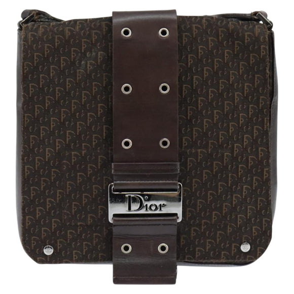 Christian Dior Trotter Canvas Shoulder Bag Brown Silver Auth bs30163