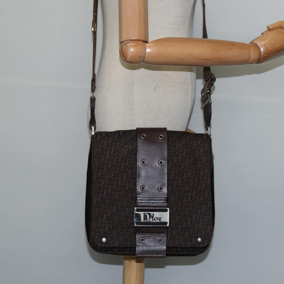 Christian Dior Trotter Canvas Shoulder Bag Brown Silver Auth bs30163