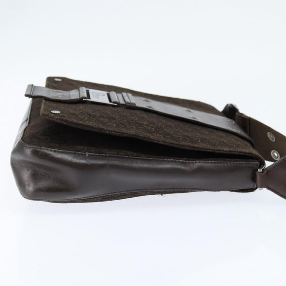 Christian Dior Trotter Canvas Shoulder Bag Brown Silver Auth bs30163