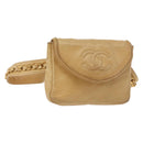 CHANEL Waist Pouch Lamb Skin Beige Gold CC Auth bs30183-1