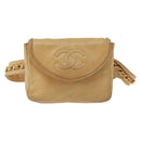 CHANEL Waist Pouch Lamb Skin Beige Gold CC Auth bs30183-13