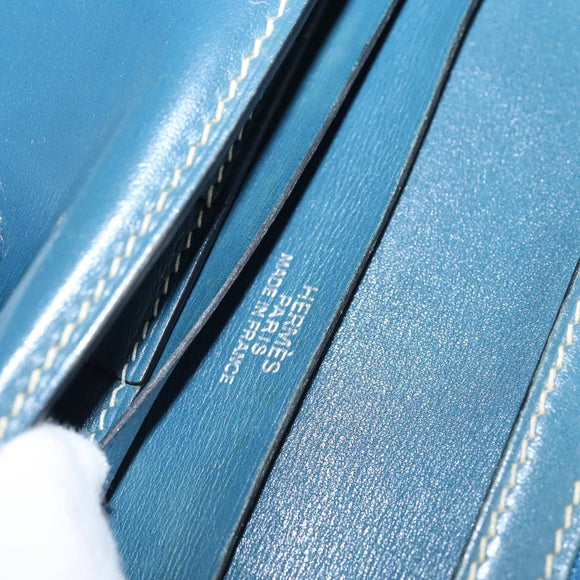 HERMES Bean Wallet Leather Blue Silver Auth bs30184