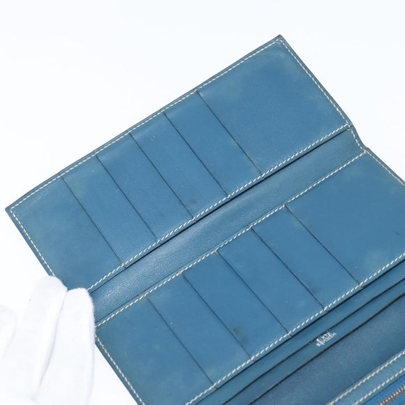 HERMES Bean Wallet Leather Blue Silver Auth bs30184