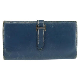 HERMES Bean Wallet Leather Blue Silver Auth bs30184 - 0