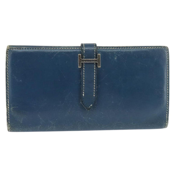 HERMES Bean Wallet Leather Blue Silver Auth bs30184