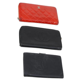 CHANEL Wallet Enamel Leather 3 Set Black Red CC Auth bs30195