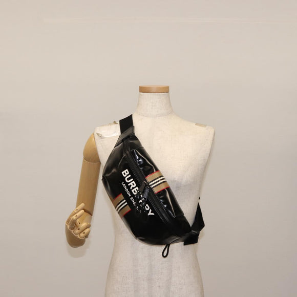 BURBERRY Body Bag Coated Canvas Black Silver Auth bs30206