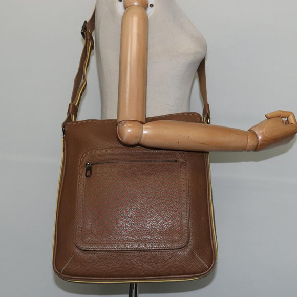 BOTTEGA VENETA Schoudertas Gestanst leer Bruin Goud Auth bs30220