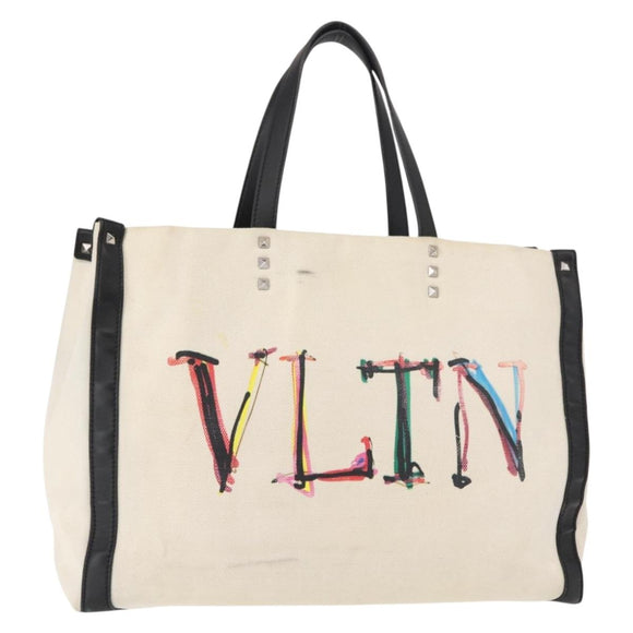 VALENTINO Studs Tote Bag Canvas White Silver Auth bs30222