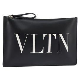 VALENTINO Clutch Bag Leather Black Silver Auth bs30223