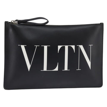 VALENTINO Clutch Bag Leather Black Silver Auth bs30223