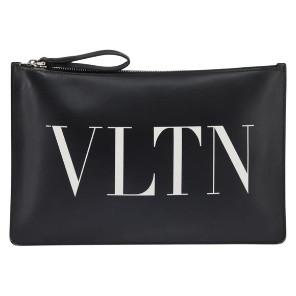 VALENTINO Clutch Bag Leather Black Silver Auth bs30223
