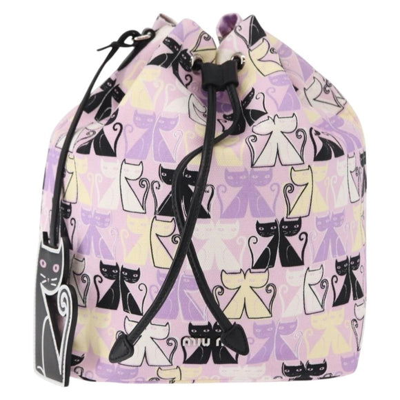 Miu Miu Madras Cat Drawstring Pouch Canvas Pink Silver Auth bs30224