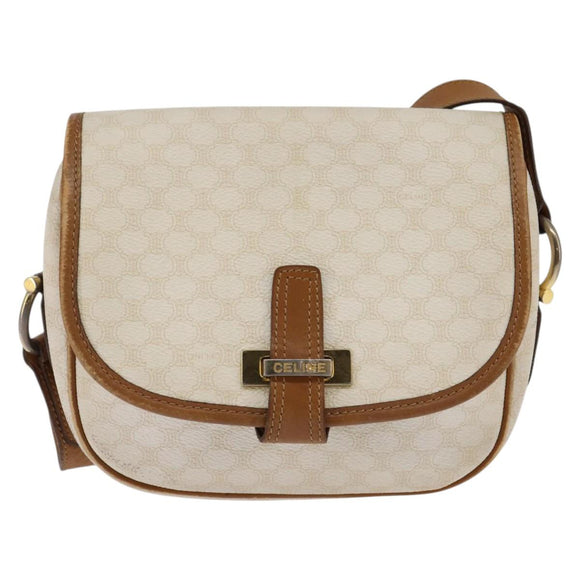 CELINE Macadam Canvas Shoulder Bag PVC Leather White Gold Auth bs30227