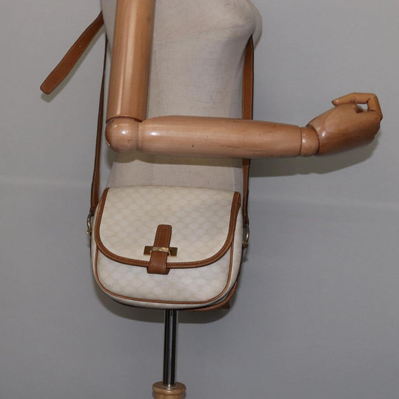CELINE Macadam Canvas Shoulder Bag PVC Leather White Gold Auth bs30227