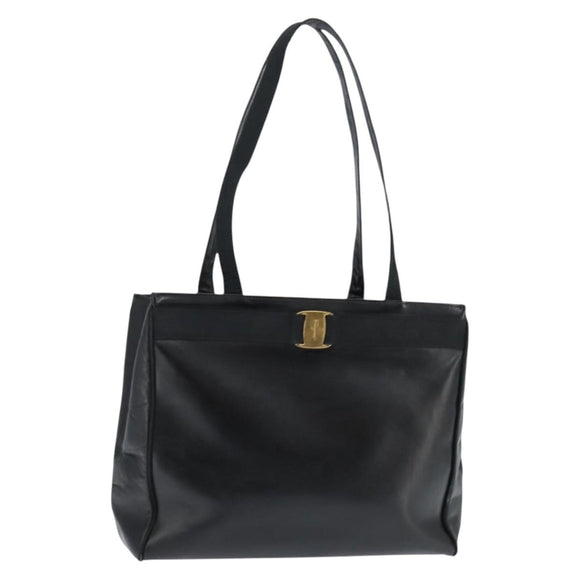 Salvatore Ferragamo Vala Tote Bag Leather Black Gold Auth bs30236