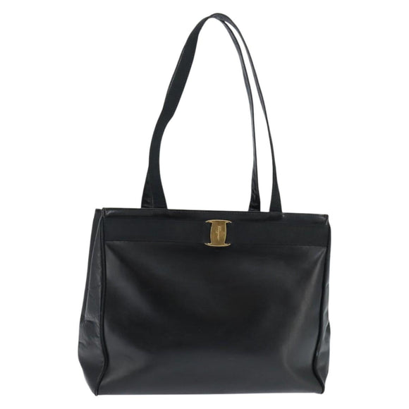 Salvatore Ferragamo Vala Tote Bag Leather Black Gold Auth bs30236