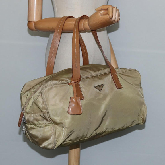PRADA Boston Bag Nylon Beige Silver Auth bs30240