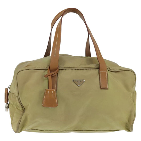 PRADA Boston Bag Nylon Beige Silver Auth bs30240