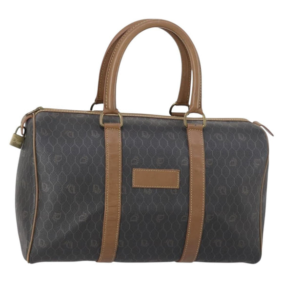 Christian Dior Honeycomb Canvas Boston Bag PVC Black Gold Auth bs30245