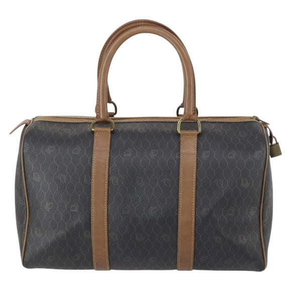 Christian Dior Honeycomb Canvas Boston Bag PVC Black Gold Auth bs30245