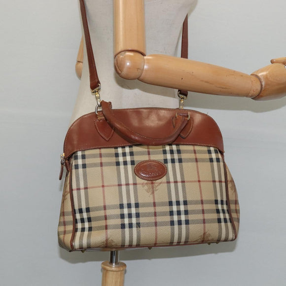 Burberrys Nova Check Hand Bag PVC 2way Beige Gold Auth bs30261