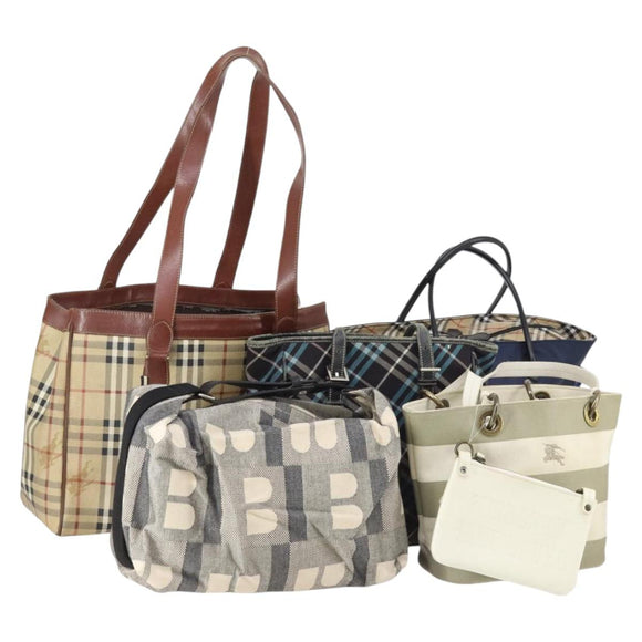 BURBERRY Nova Check Tote Bag PVC Nylon Canvas 5 Set Beige Navy Auth bs30285