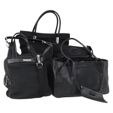 GUCCI Web Sherry Line Hand Bag Leather Nylon 5 Set Black Khaki Auth bs30287