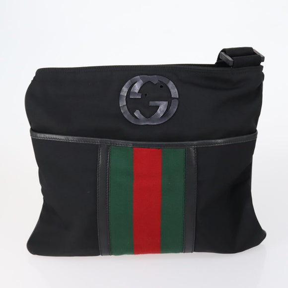 GUCCI Web Sherry Line Hand Bag Leather Nylon 5 Set Black Khaki Auth bs30287