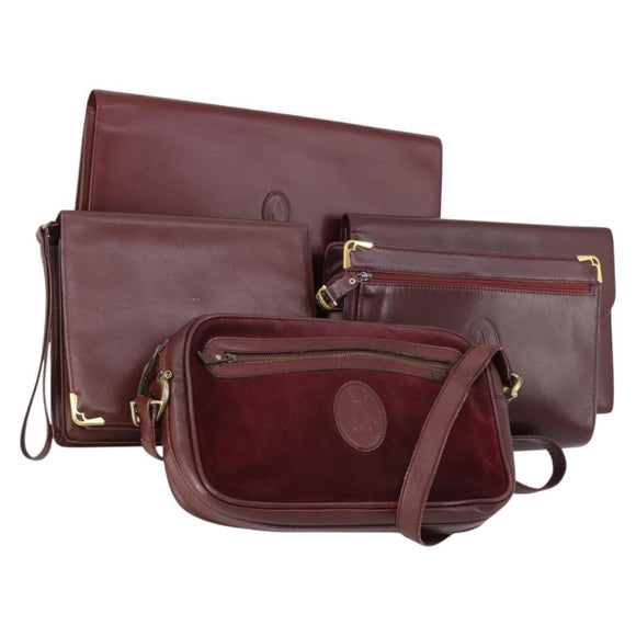CARTIER Must Line Clutch Bag Leather 5 Set Bordeaux Gold Auth bs30290