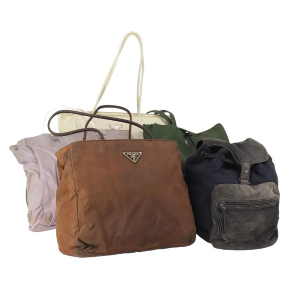 PRADA Tote Bag Nylon Suede 5 Set Brown Khaki beige Auth bs30294