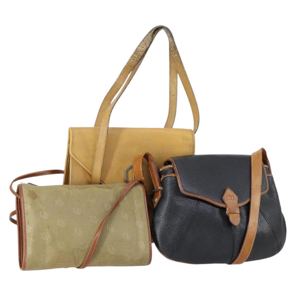 Christian Dior Shoulder Bag Leather Canvas 3 Set Black Beige Auth bs30295