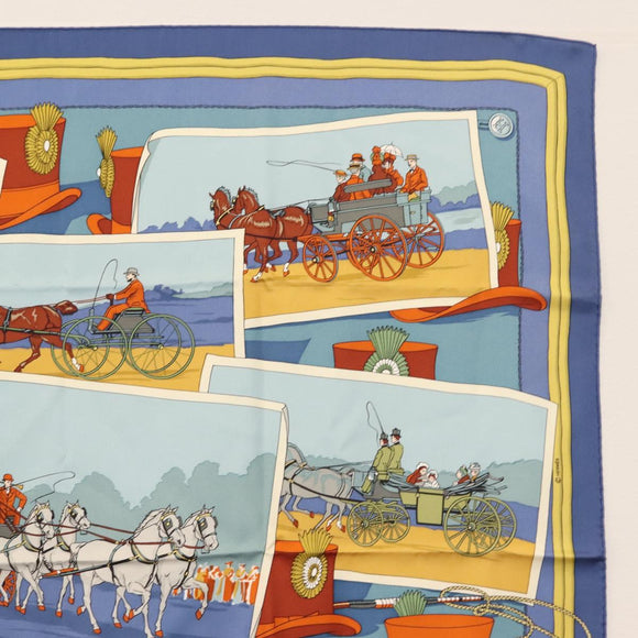 HERMES Carre 90 Scarf Silk ""Mail Coach"" Blue Auth bs30298
