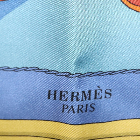 HERMES Carre 90 Scarf Silk ""Mail Coach"" Blue Auth bs30298
