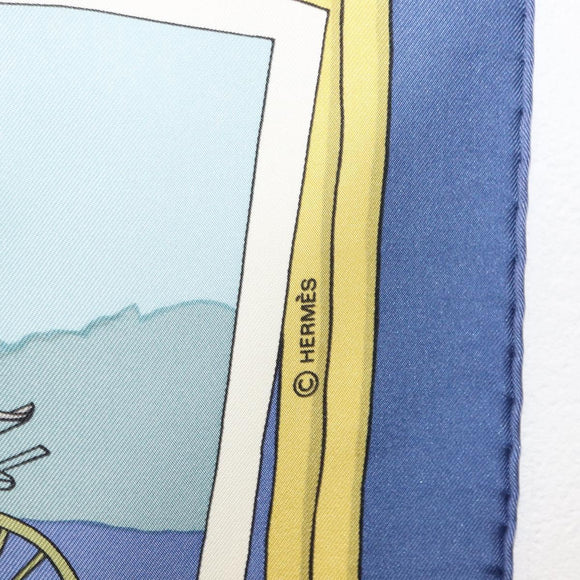 HERMES Carre 90 Scarf Silk ""Mail Coach"" Blue Auth bs30298