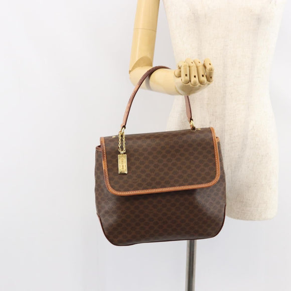 CELINE Macadam Canvas Hand Bag PVC Leather Brown Gold Auth bs30308