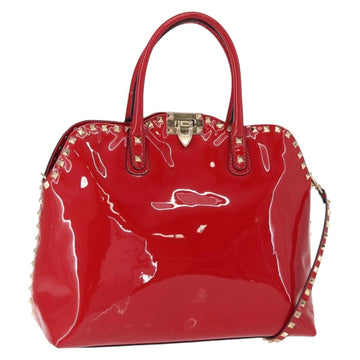VALENTINO Rock Studs Hand Bag Patent leather 2way Red Gold Auth bs30313