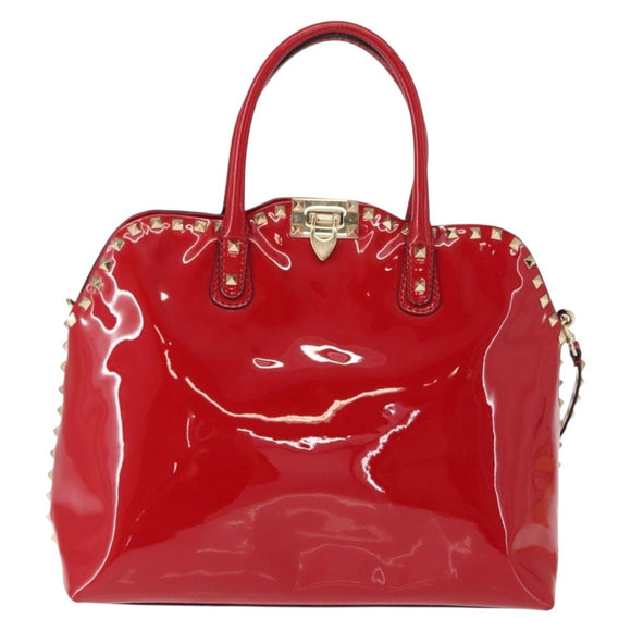 VALENTINO Rock Studs Hand Bag Patent leather 2way Red Gold Auth bs30313