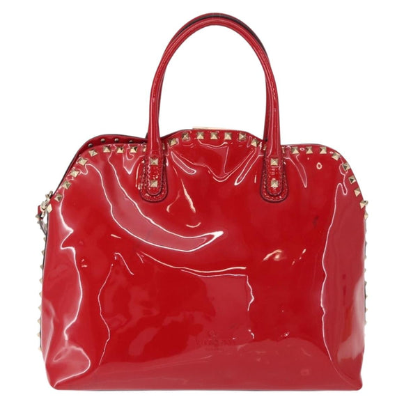VALENTINO Rock Studs Hand Bag Patent leather 2way Red Gold Auth bs30313
