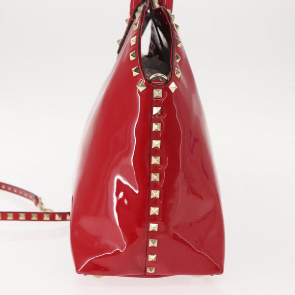 VALENTINO Rock Studs Hand Bag Patent leather 2way Red Gold Auth bs30313