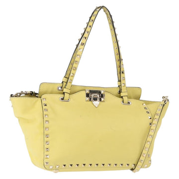 VALENTINO Rock Studs Hand Bag Leather 2way Yellow Gold Auth bs30314