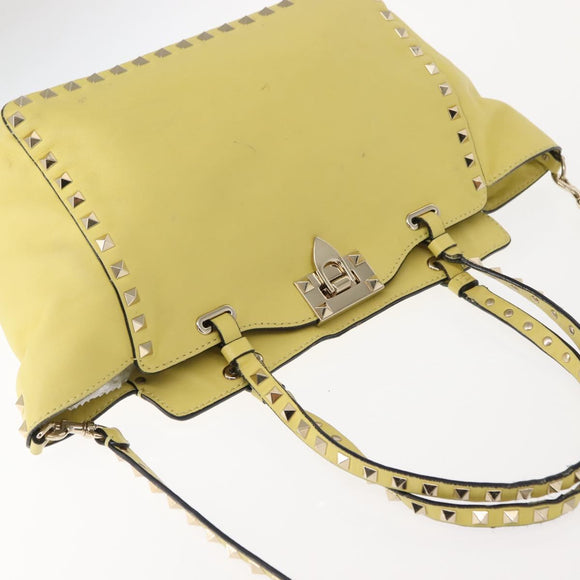 VALENTINO Rock Studs Hand Bag Leather 2way Yellow Gold Auth bs30314