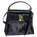 Salvatore Ferragamo Vala Hand Bag Patent leather 2way Black Gold Auth bs30316-1