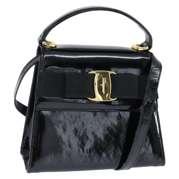 Salvatore Ferragamo Vala Hand Bag Patent leather 2way Black Gold Auth bs30316