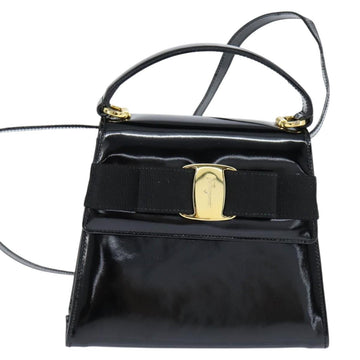 Salvatore Ferragamo Vala Hand Bag Patent leather 2way Black Gold Auth bs30316 - 0