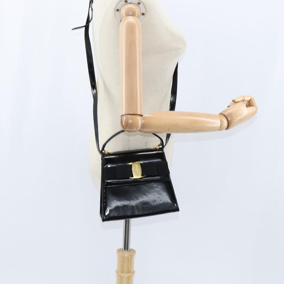 Salvatore Ferragamo Vala Hand Bag Patent leather 2way Black Gold Auth bs30316